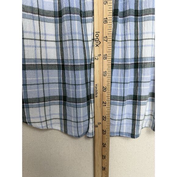 Loft Women’s Sz S Blue White Plaid V-Neck Ruffle Trim Crepe Texture Button Up - Picture 10 of 12
